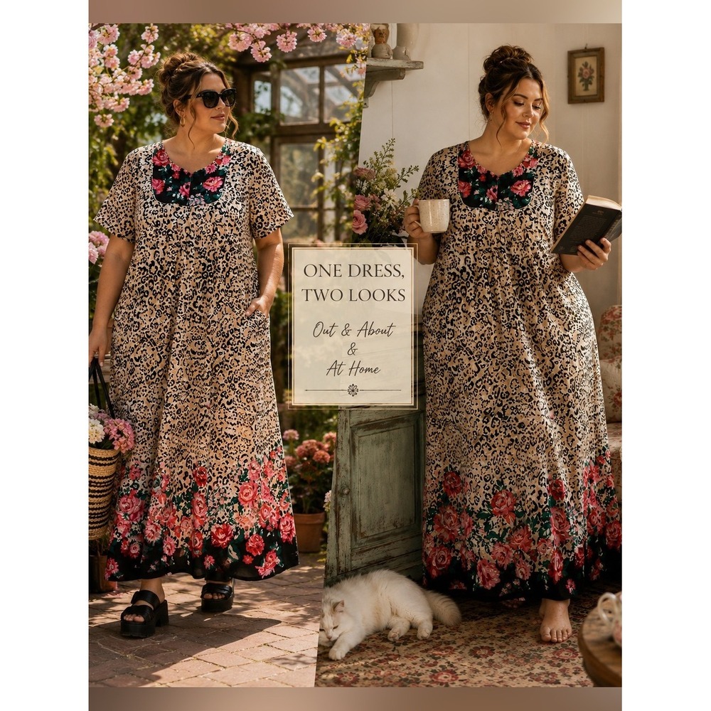 Only Necessities 18/20 Leopard Rose Floral Cotton Maxi Lounger Dress